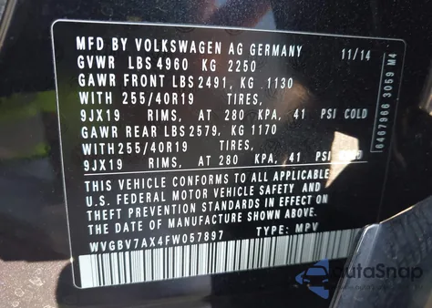 2015 Volkswagen Tiguan R-Line из США, поврежденный, VIN WVGBV7AX4FW057897